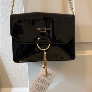 Jimmy Choo Black Patent Leather Clutch with Gold Accents Chain